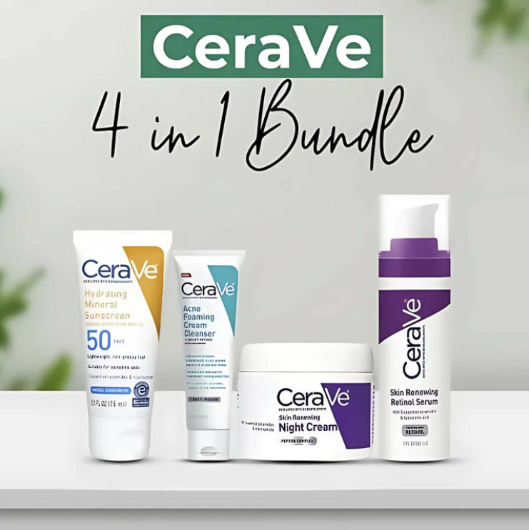 CeraVe skincare products including sunscreen, cleanser, night cream, and serum on a white surface with a blurred green plant in the background.